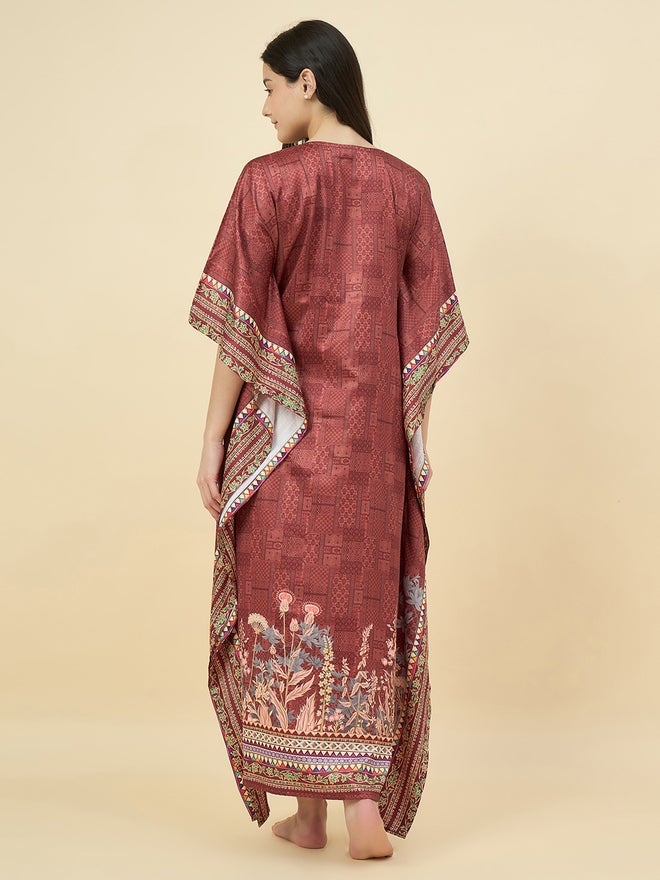 The Kaftan Company Brown Satin Floral Printed Kaftan Nightdress with Pockets - Image 5