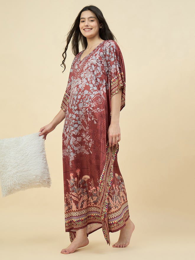 The Kaftan Company Brown Satin Floral Printed Kaftan Nightdress with Pockets - Image 1