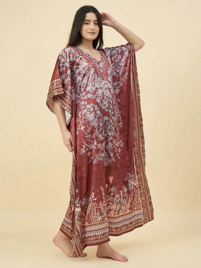 The Kaftan Company Brown Satin Floral Printed Kaftan Nightdress with Pockets - Image 3
