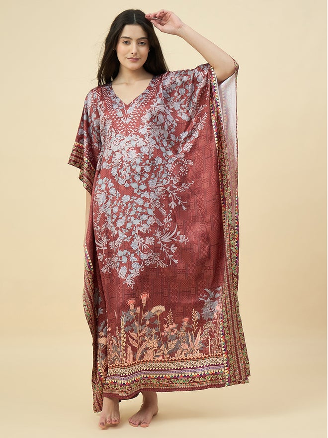 The Kaftan Company Brown Satin Floral Printed Kaftan Nightdress with Pockets - Image 2