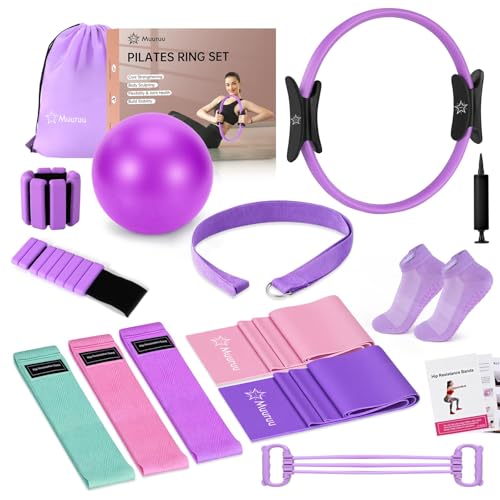 Muuruu Pilates Equipment Kit for Home Workout, Pilates Ring and Ball Set for Women, 14'' Magic Circle Essentials Accessories Kit, Wrist Weights, Resistance Bands, Yoga Strap, Socks, Bag Purple - Image 1