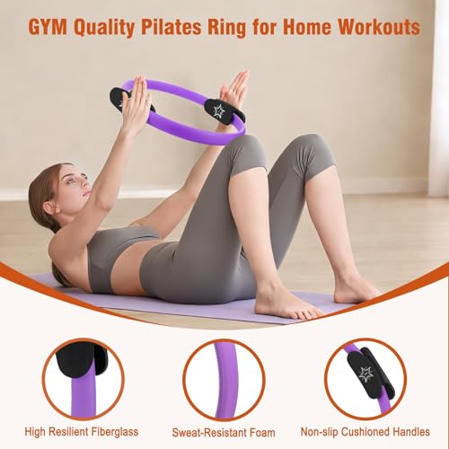 Muuruu Pilates Equipment Kit for Home Workout, Pilates Ring and Ball Set for Women, 14'' Magic Circle Essentials Accessories Kit, Wrist Weights, Resistance Bands, Yoga Strap, Socks, Bag Purple - Image 3