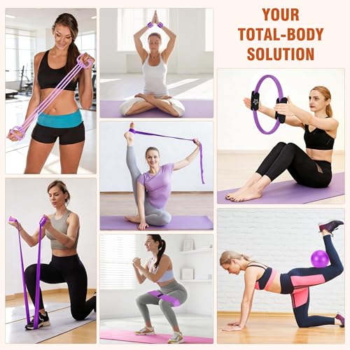Muuruu Pilates Equipment Kit for Home Workout, Pilates Ring and Ball Set for Women, 14'' Magic Circle Essentials Accessories Kit, Wrist Weights, Resistance Bands, Yoga Strap, Socks, Bag Purple - Image 2