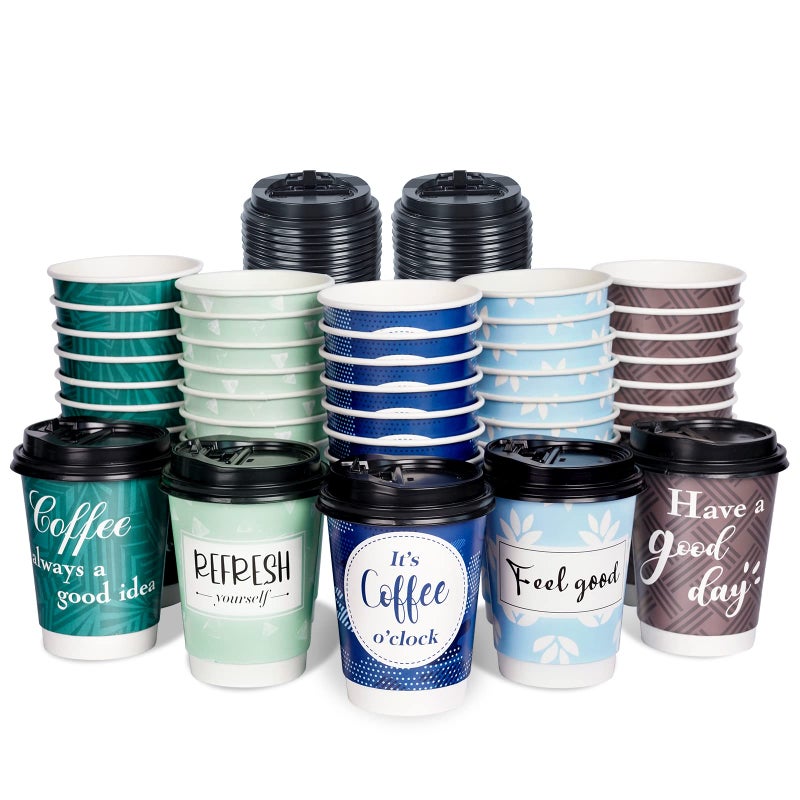 Bapmnicc Disposable Coffee Cups with Lids 12 oz 50 Pack DoubleWalled Paper Coffee Cups with Fun Designs Insulated Hot Beverage Paper Cups for Cold  Hot Drinks
