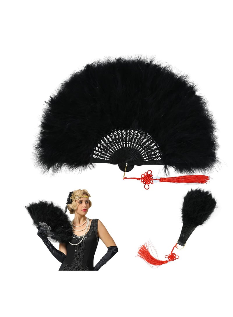 SYOSI Handheld Marabou Feather Fan, 1920s Marabou Feather Fan, 20s Vintage Folding Fan, Foldable Fan for Costume Vintage Wedding Gatsby Party Dancing Show - Image 1