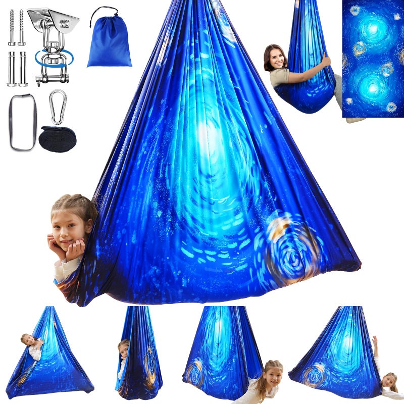 WUBOTIYU Sensory Swing for Kids Indoor & Outdoor Double Layer Therapy Cuddle Hammock Chair with 360 Swivel Hanger Kit Adjustable Swing for Child and Adult with Aspergers Autism ADHD (Ocean Blue) - Image 1