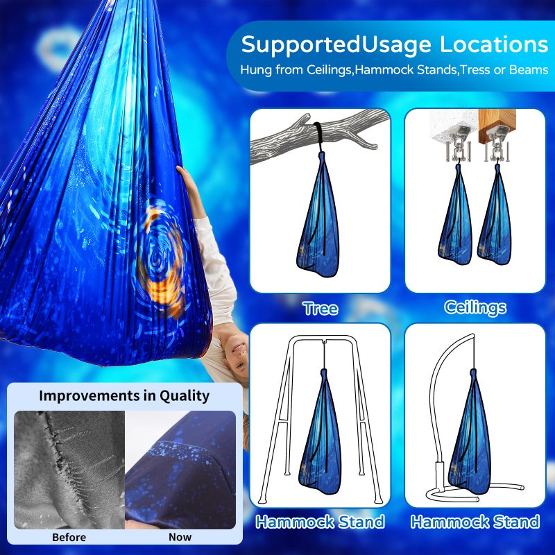 WUBOTIYU Sensory Swing for Kids Indoor & Outdoor Double Layer Therapy Cuddle Hammock Chair with 360 Swivel Hanger Kit Adjustable Swing for Child and Adult with Aspergers Autism ADHD (Ocean Blue) - Image 3