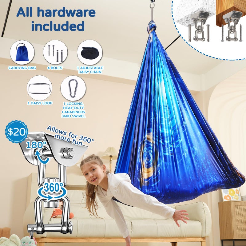WUBOTIYU Sensory Swing for Kids Indoor & Outdoor Double Layer Therapy Cuddle Hammock Chair with 360 Swivel Hanger Kit Adjustable Swing for Child and Adult with Aspergers Autism ADHD (Ocean Blue) - Image 5
