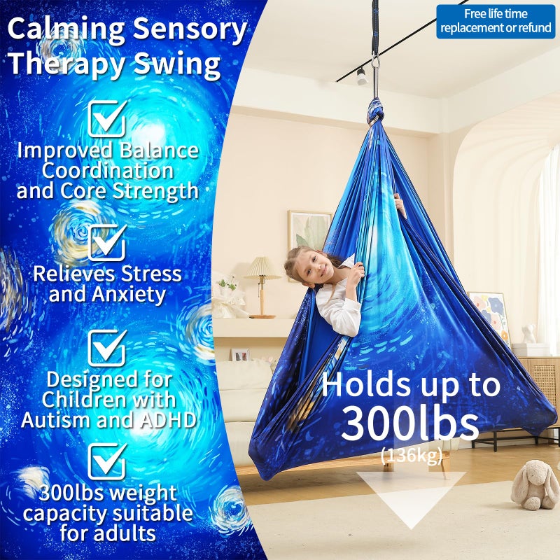 WUBOTIYU Sensory Swing for Kids Indoor & Outdoor Double Layer Therapy Cuddle Hammock Chair with 360 Swivel Hanger Kit Adjustable Swing for Child and Adult with Aspergers Autism ADHD (Ocean Blue) - Image 2