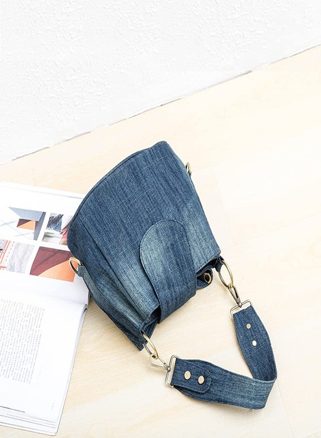 NIGEDU Casual Denim Bucket Shoulder Handbag Women Crossbody Bags Large Capacity Female Tote Vintage Canvas Purse Bag (Dark Blue) - Image 3