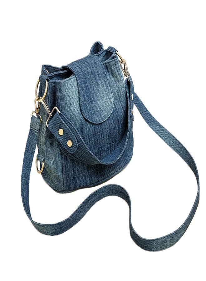 NIGEDU Casual Denim Bucket Shoulder Handbag Women Crossbody Bags Large Capacity Female Tote Vintage Canvas Purse Bag (Dark Blue) - Image 1