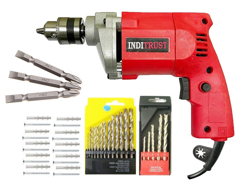 Inditrust New 10MM Drill Machine with 10+10 Screw Gitti 13pc hss 5pc Masonry 3pc Ph2 bit 65mm Power & Hand Tool Kit 100% Copper Winding - Image 1