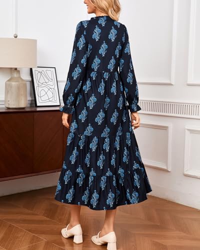 YEXPINE Women’s Corduroy Midi Dress Fall Winter Long Sleeve Ruffle V Neck Button Down Flowy Tiered Shirt Dresses with Pockets Navy Blue - Image 2
