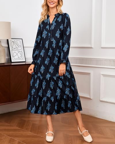 YEXPINE Women’s Corduroy Midi Dress Fall Winter Long Sleeve Ruffle V Neck Button Down Flowy Tiered Shirt Dresses with Pockets Navy Blue - Image 5