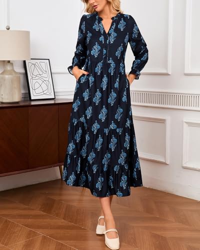 YEXPINE Women’s Corduroy Midi Dress Fall Winter Long Sleeve Ruffle V Neck Button Down Flowy Tiered Shirt Dresses with Pockets Navy Blue - Image 3