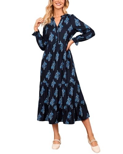 YEXPINE Women’s Corduroy Midi Dress Fall Winter Long Sleeve Ruffle V Neck Button Down Flowy Tiered Shirt Dresses with Pockets Navy Blue - Image 1