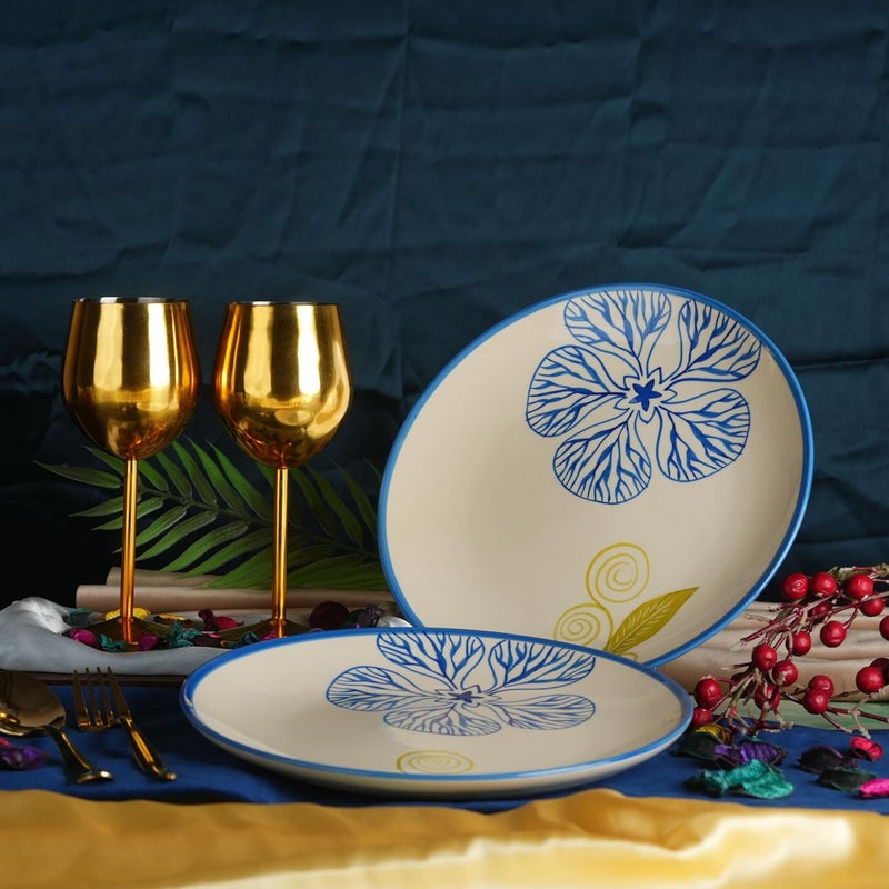 Caffeine Ceramic Handmade Stoneware White Flora Dinner Plates10 inch Set of 2 Ceramic Plates for Dinner Microwave Dishwasher Safe - Image 1