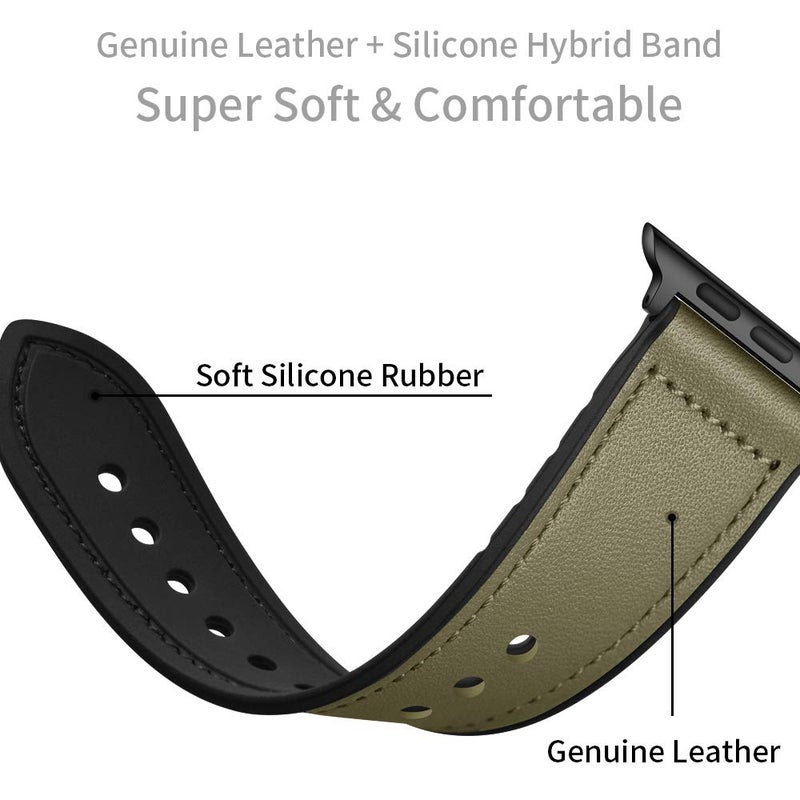 OUHENG Leather Bands Compatible with Apple Watch Band 42mm 41mm 40mm 38mm, Genuine Leather Rubber Hybrid Strap for iWatch Series 11 10 9 8 7 6 5 4 3 2 1 SE3 SE2 SE, Army Green/Black - Image 5