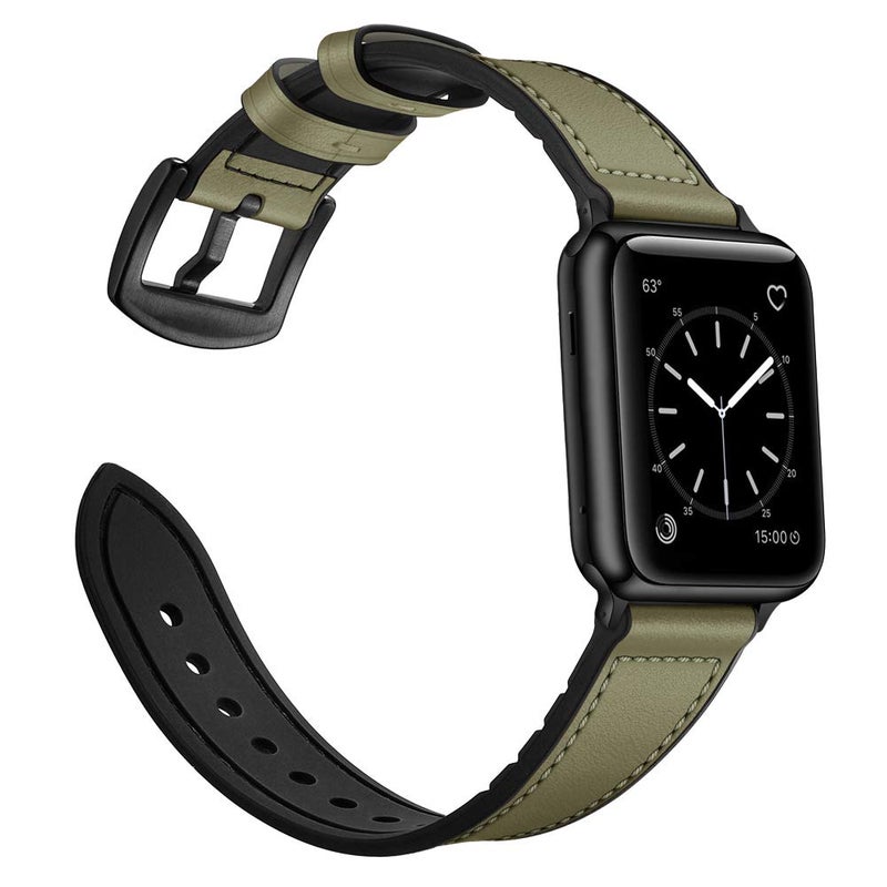 OUHENG Leather Bands Compatible with Apple Watch Band 42mm 41mm 40mm 38mm, Genuine Leather Rubber Hybrid Strap for iWatch Series 11 10 9 8 7 6 5 4 3 2 1 SE3 SE2 SE, Army Green/Black - Image 3