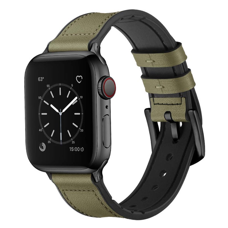 OUHENG Leather Bands Compatible with Apple Watch Band 42mm 41mm 40mm 38mm, Genuine Leather Rubber Hybrid Strap for iWatch Series 11 10 9 8 7 6 5 4 3 2 1 SE3 SE2 SE, Army Green/Black - Image 2
