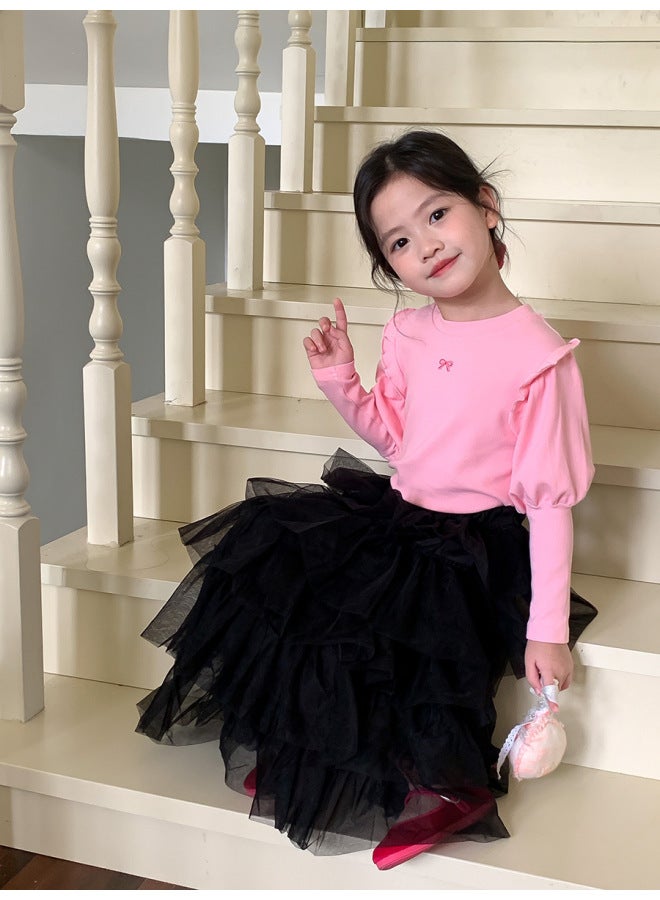 Girls' Bottoming Shirt Korean Style Spring New Embroidered Bow Top Girls Round Neck Small And Medium Kidsren's T-shirt
