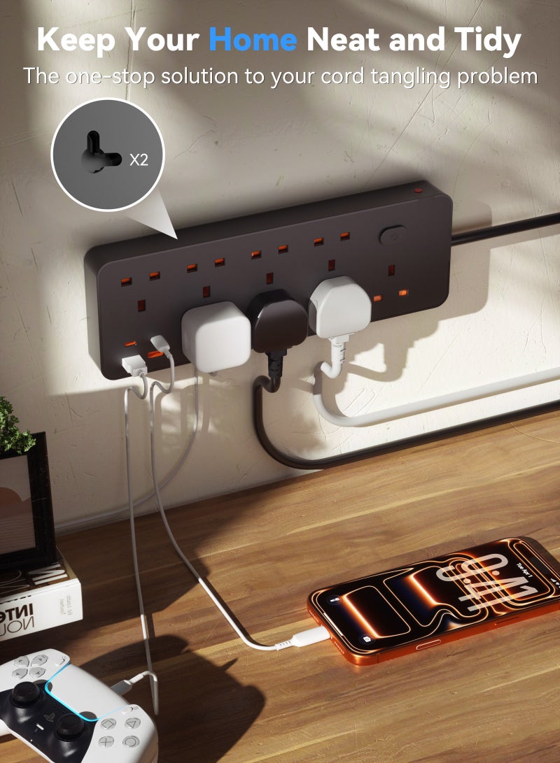 ULHYC Power Strips - 8 Outlets with 2 USB-C and 2 USB-A Ports, 3m Cord, Flat Plug, Wall Mount, Surge Protection - Image 3