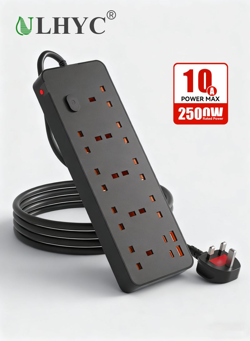 ULHYC Power Strips - 8 Outlets with 2 USB-C and 2 USB-A Ports, 3m Cord, Flat Plug, Wall Mount, Surge Protection - Image 1