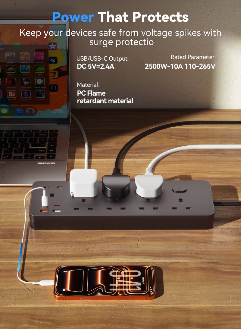 ULHYC Power Strips - 8 Outlets with 2 USB-C and 2 USB-A Ports, 3m Cord, Flat Plug, Wall Mount, Surge Protection - Image 4