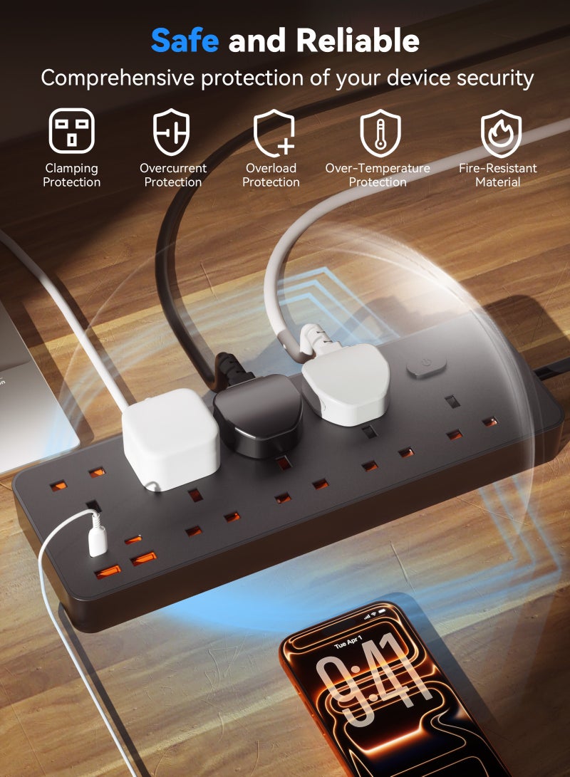 ULHYC Power Strips - 8 Outlets with 2 USB-C and 2 USB-A Ports, 3m Cord, Flat Plug, Wall Mount, Surge Protection - Image 5