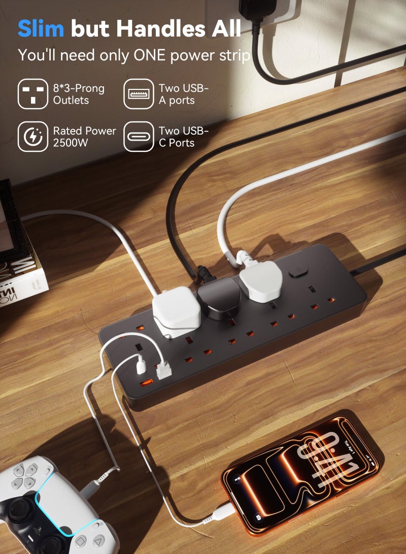 ULHYC Power Strips - 8 Outlets with 2 USB-C and 2 USB-A Ports, 3m Cord, Flat Plug, Wall Mount, Surge Protection - Image 2