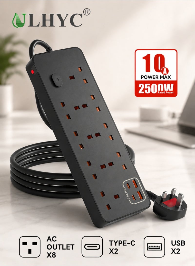 يو إل اتش واي سي مشترك كهربائي - 8 منافذ مع منفذين USB-C ومنفذين USB-A، سلك بطول 3 أمتار، قابس مسطح، مثبت على الحائط، حماية من زيادة التيار - Image 1
