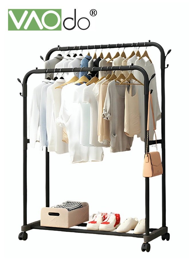 VAOdo - Garment Rack with Rollers and Hook Large Space for Drying Stainless Steel Clothes Hanging Rack Easy Installation with Shoe Rack 110M Wide Black - Image 1
