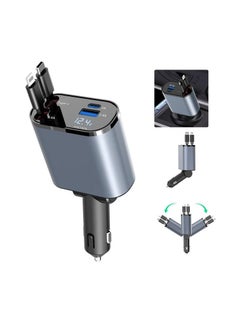 Car charger with two cables, a Lightning cable, a retractable USB-C cable, a USB-C port and a USB port, a 120-watt multi-use fast charging charger