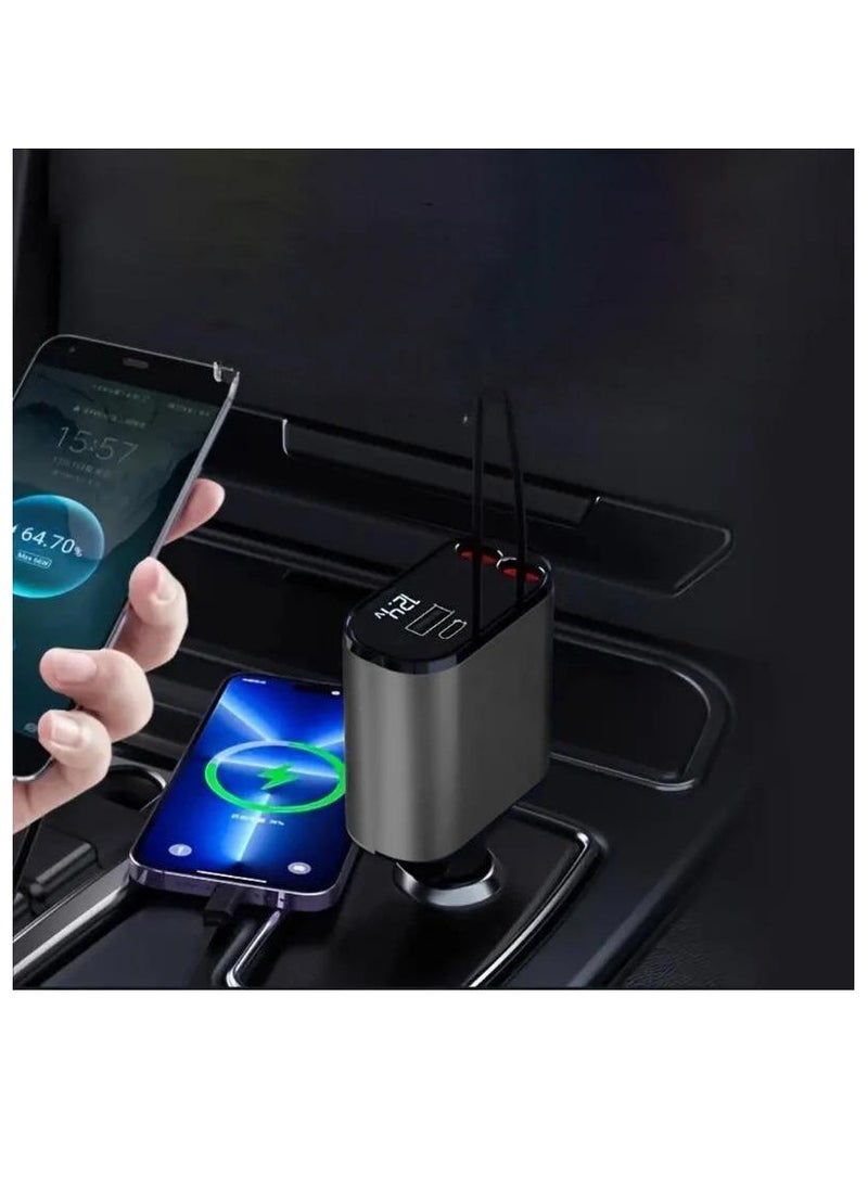 Jeebel - Car charger with two cables, a Lightning cable, a retractable USB-C cable, a USB-C port and a USB port, a 120-watt multi-use fast charging charger - Image 1