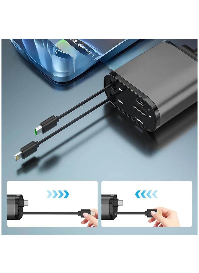 Jeebel - Car charger with two cables, a Lightning cable, a retractable USB-C cable, a USB-C port and a USB port, a 120-watt multi-use fast charging charger - Image 1
