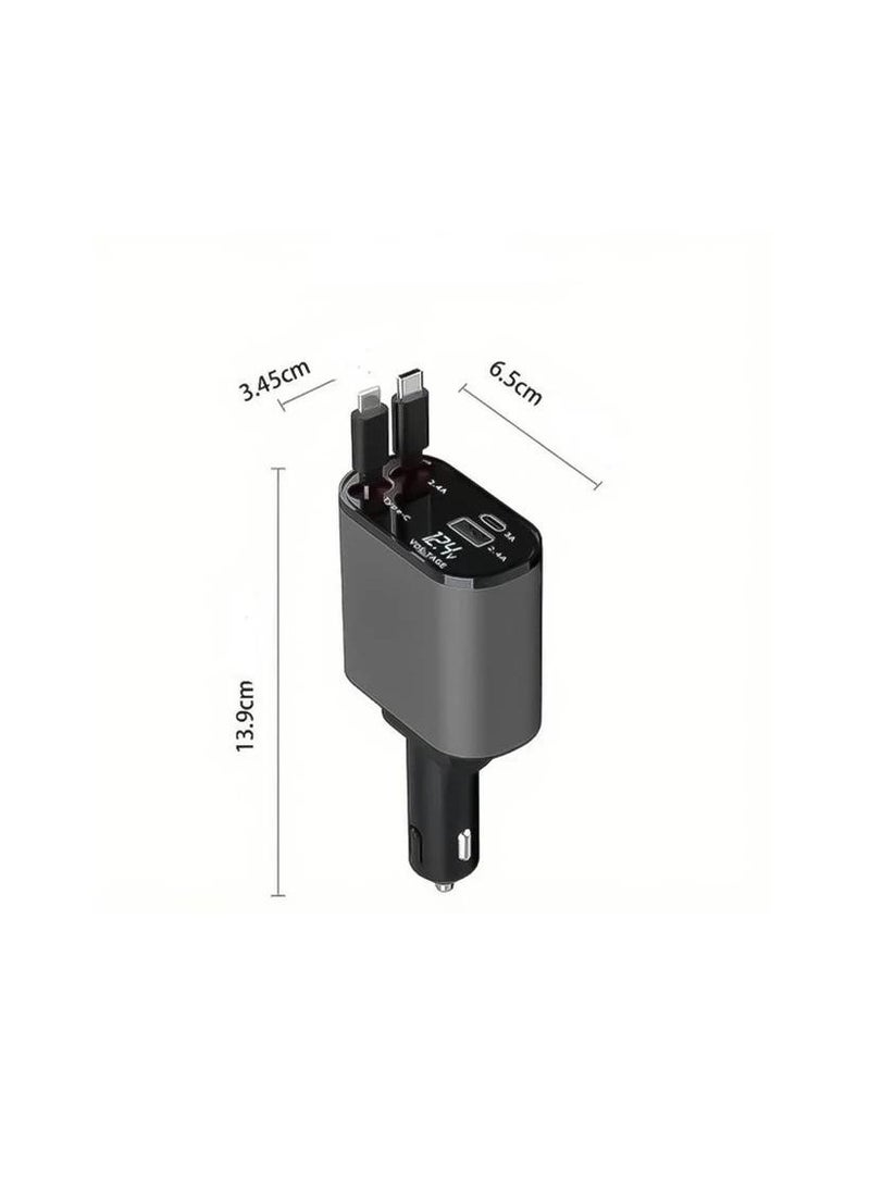 Jeebel - Car charger with two cables, a Lightning cable, a retractable USB-C cable, a USB-C port and a USB port, a 120-watt multi-use fast charging charger - Image 1