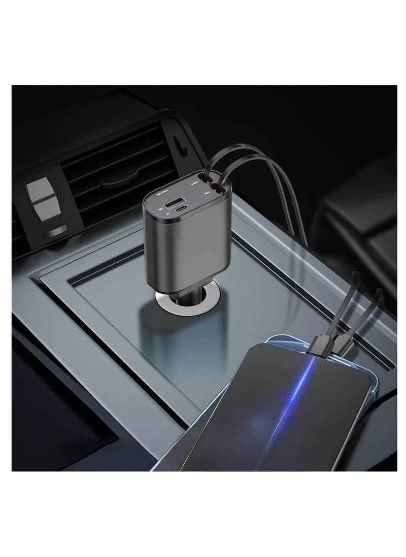 Jeebel - Car charger with two cables, a Lightning cable, a retractable USB-C cable, a USB-C port and a USB port, a 120-watt multi-use fast charging charger - Image 1