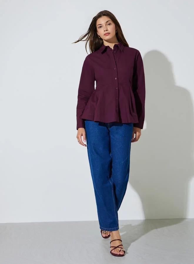 Styli Dark Purple Regular Fit Cotton Peplum Shirt