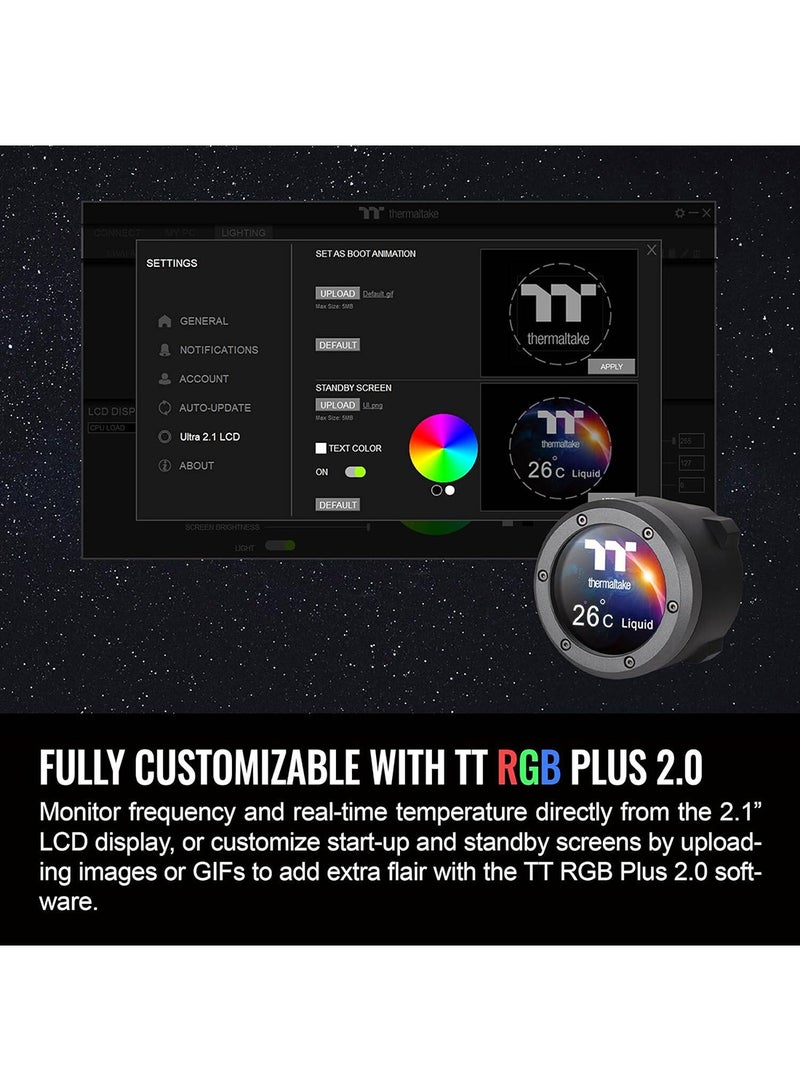 ثيرمال تيك TH360 V2 التبريد السائل المتكامل Ultra ARGB Sync / مروحة ARGB 120 * 3 مروحة PWM وسرعات تصل إلى 1500 دورة في الدقيقة / كتلة الماء 2.1" LCD - Image 2