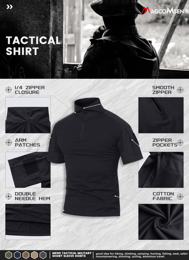 MAGCOMSEN Men's Tactical Camo T-Shirt - Military, Hiking, Fishing - Short Sleeve, Zipper, Black - Image 3