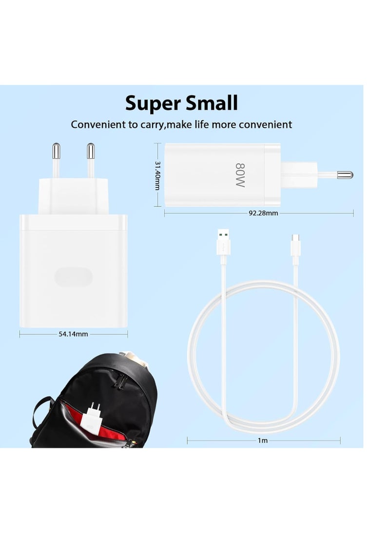 Generic 80W Fast Charger with 1M USB Type C Cable for Oppo Find X5 X3/2 Neo/Reno 12 11 F 10 Pro, Fast Charging Charger with USB Type C Cable for OnePlus 12 12R 11 10 Pro Nord 2T CE 4 3 2 Lite, White  - Image 3