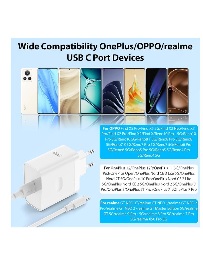 Generic - 80W Fast Charger with 1M USB Type C Cable for Oppo Find X5 X3/2 Neo/Reno 12 11 F 10 Pro, Fast Charging Charger with USB Type C Cable for OnePlus 12 12R 11 10 Pro Nord 2T CE 4 3 2 Lite, White - Image 1
