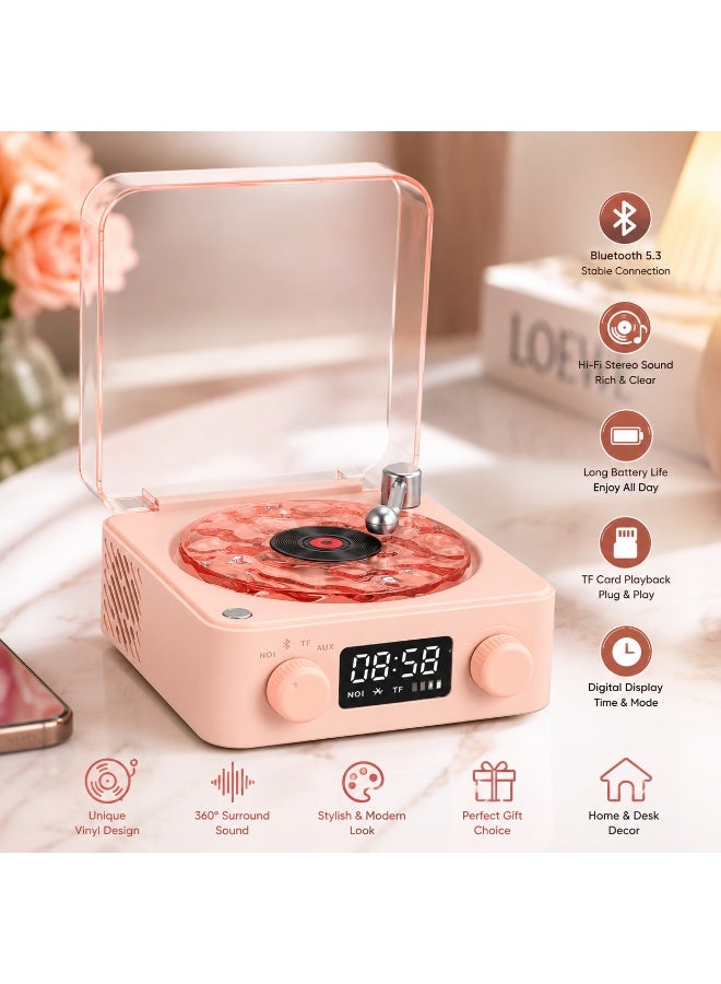 3-in-1 Turntable Bluetooth Speaker with Night Light & Time Display, Pink - Image 1
