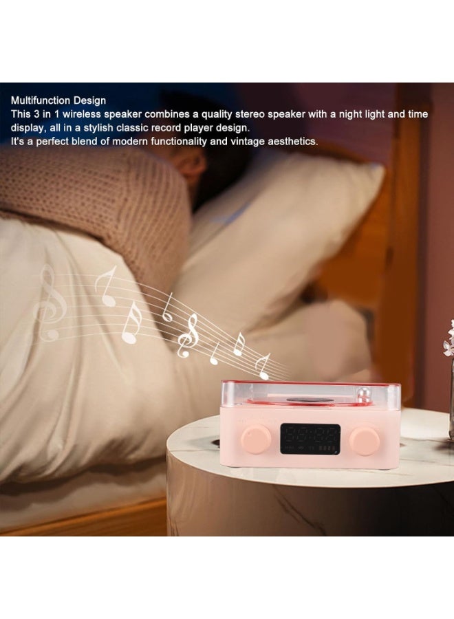 3-in-1 Turntable Bluetooth Speaker with Night Light & Time Display, Pink - Image 4
