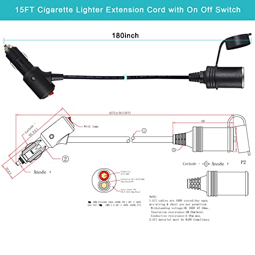SPARKING 15FT Cigarette Lighter Extension Cord with On Off Switch - Car Cigarette Lighter Male Plug to Female Socket 18AWG Heavy Duty Extension Cable with Switch, Built-in 15A Fuse for Air Compressor Pump - Image 5