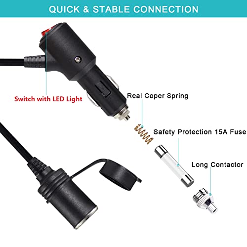 SPARKING 15FT Cigarette Lighter Extension Cord with On Off Switch - Car Cigarette Lighter Male Plug to Female Socket 18AWG Heavy Duty Extension Cable with Switch, Built-in 15A Fuse for Air Compressor Pump - Image 3