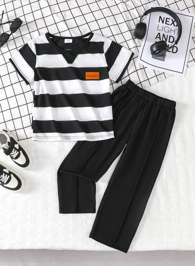 تايك تو Boys Striped Short Sleeves T-Shirt and Solid Full Length Pants Set