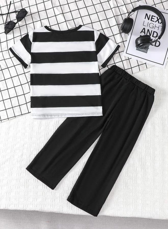 تايك تو Boys Striped Short Sleeves T-Shirt and Solid Full Length Pants Set