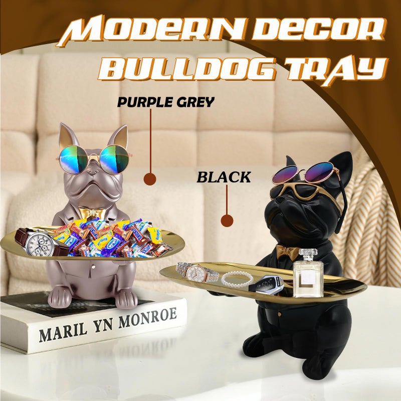 Huhote Bulldog Tray Statue, Sitting Bulldog Candy Dish Key Holder Bowl, Bulldog Accessories, Resin Statues for Office Desk Home Decor Figurines Entryway Table Decor (Black) - Image 3