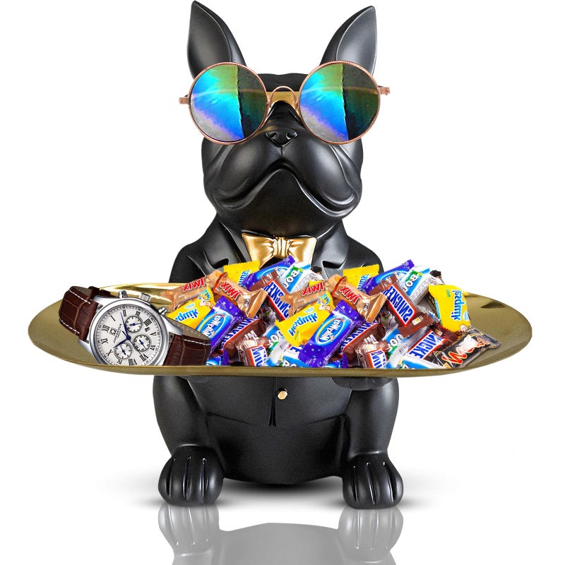 Huhote Bulldog Tray Statue, Sitting Bulldog Candy Dish Key Holder Bowl, Bulldog Accessories, Resin Statues for Office Desk Home Decor Figurines Entryway Table Decor (Black) - Image 1